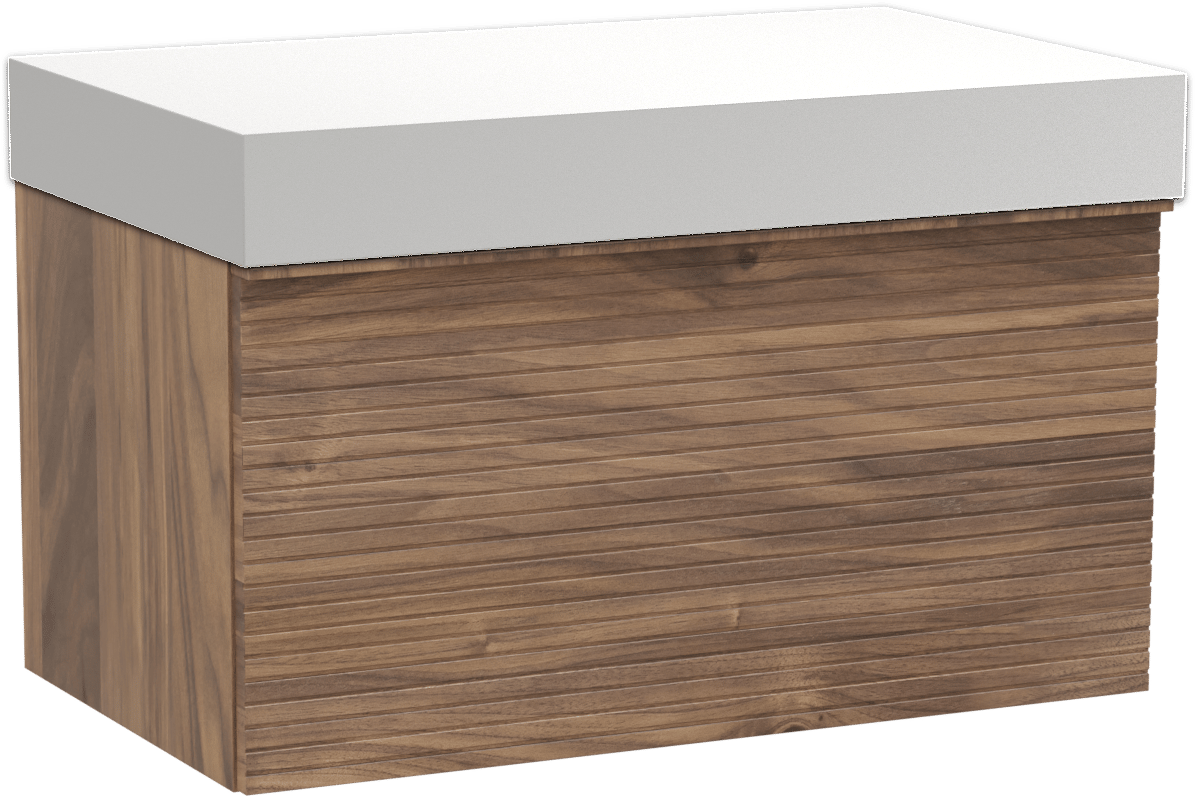 Balmani Forma meuble salle de bains suspendu 90 x 55 cm noyer américain avec Dominus tablette simple en solid surface blanc mat, Nervure droite symétrique horizontale