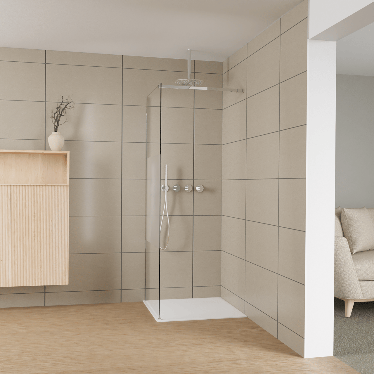 Balmani Modular Walk-In Dusche: 80 x 200 cm, Klarglas mit mattiertem Streifen, inklusive Coating, Profil Chrom glänzend