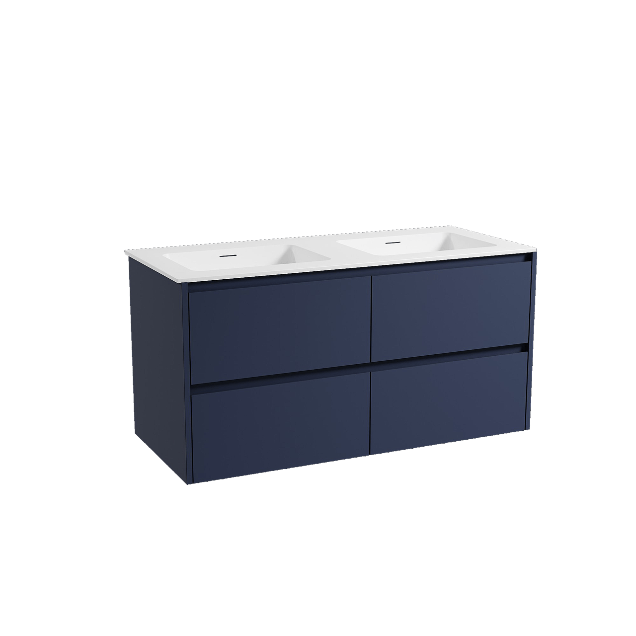 Storke Seda zwevend badkamermeubel 120 x 52 cm nachtblauw met Mata dubbele wastafel in solid surface mat wit