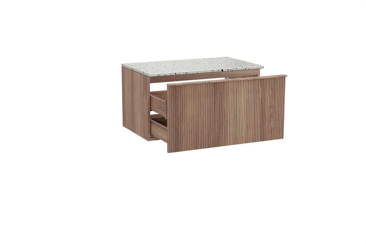Balmani Forma hängendes Möbelstück Set: 90 x 55 cm, Teak, mit Stretto Einzel Waschtischplatte, Terrazzo in Weiß/Schwarz matt, Vertikale symmetrische gerade Rippe