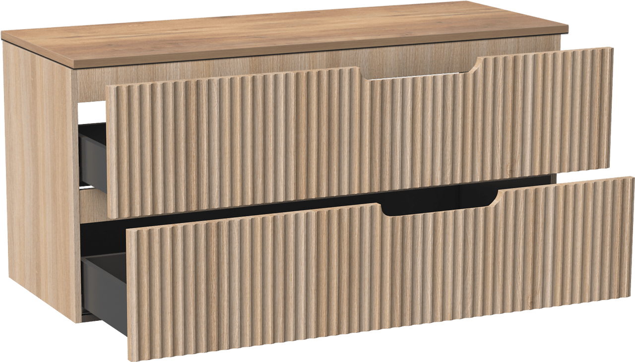Linie Ribbo zwevend badkamermeubel 120 x 46 cm lichte eik met Lado enkel of dubbel tablet in melamine natuur eik, Verticale symmetrische ronde ribbel