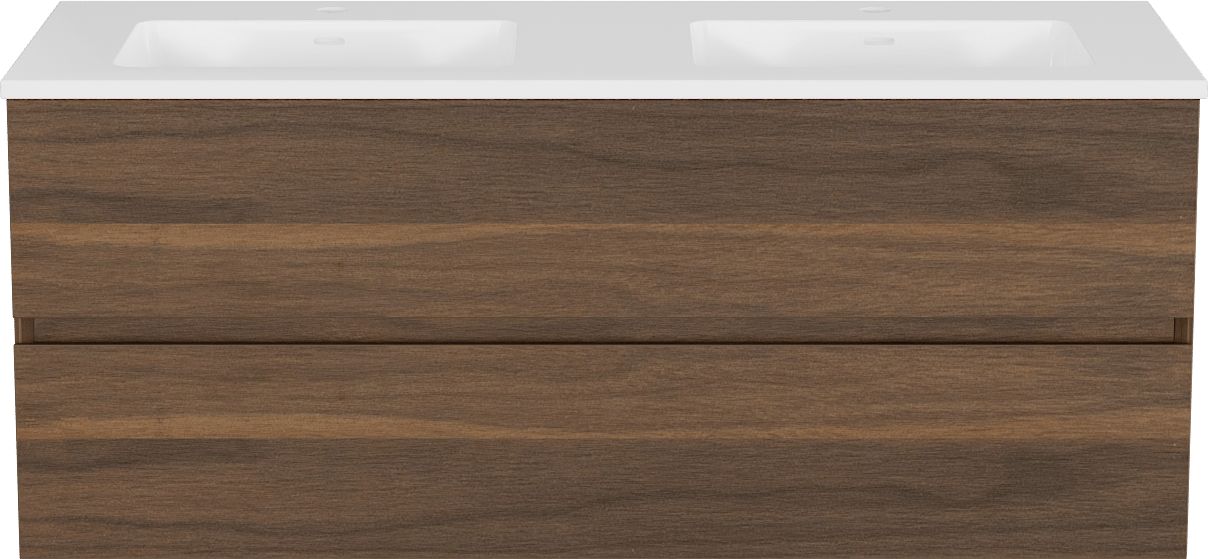 Storke Edge meuble salle de bains suspendu 120 x 46 cm noyer avec Bilia double vasque en marbre composite blanc brillant