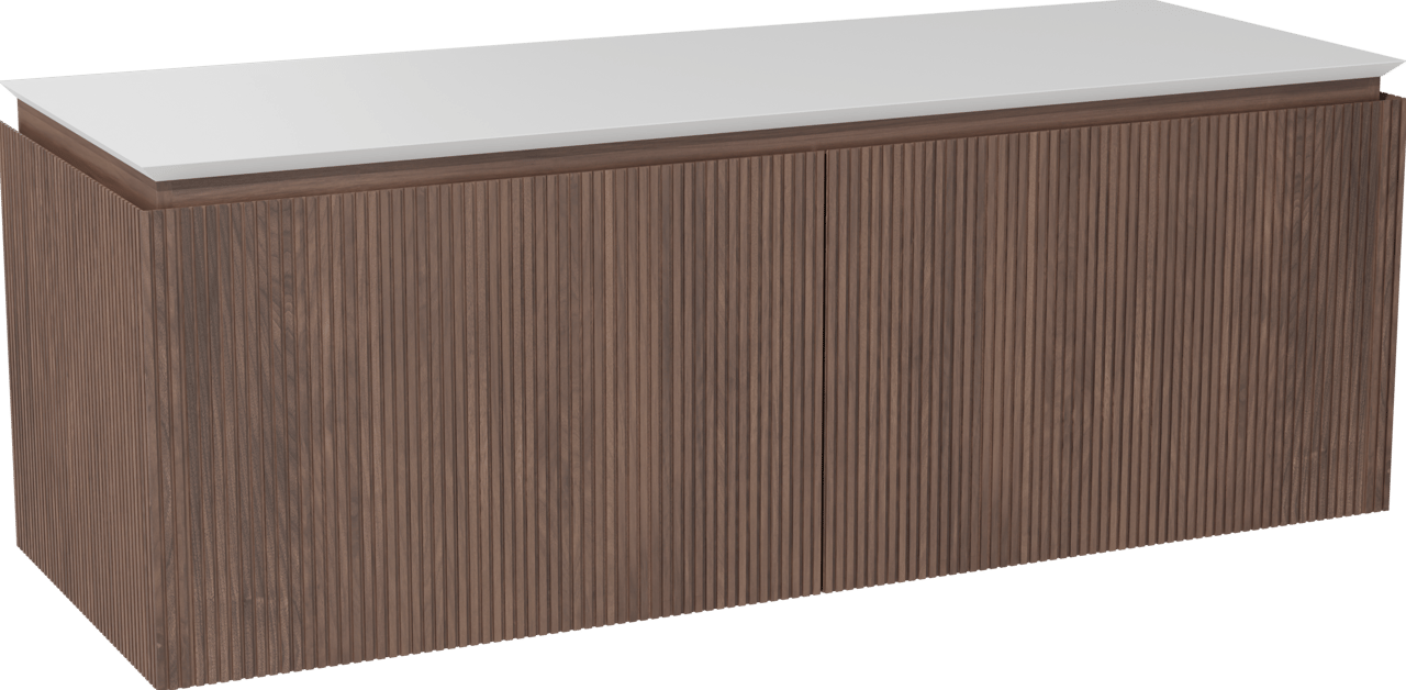 Balmani Eclips zwevend badkamermeubel 150 x 55 cm Amerikaanse notelaar met Eclips enkel of dubbel tablet in Solid Surface mat wit, Verticale symmetrische rechte ribbel