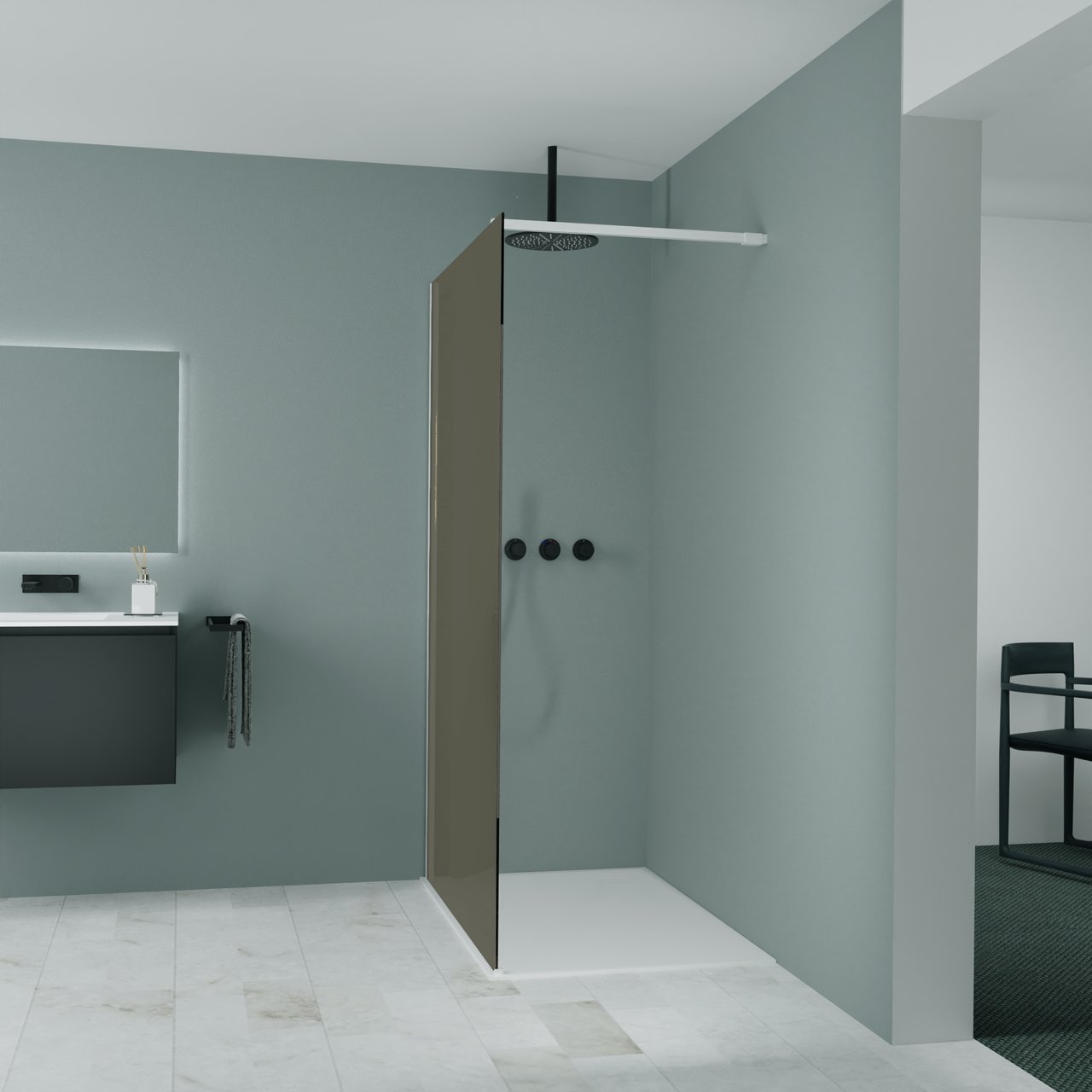 Balmani Modular inloopdouche: 120 x 200 cm, Brons glas, Mat witte profielen