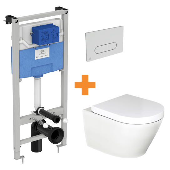 Luca Varess Calibro WC suspendu blanc mat sans bride avec bâti-support et Ideal Standard Oleas M1 chrome mat plaque de commande gratuit
