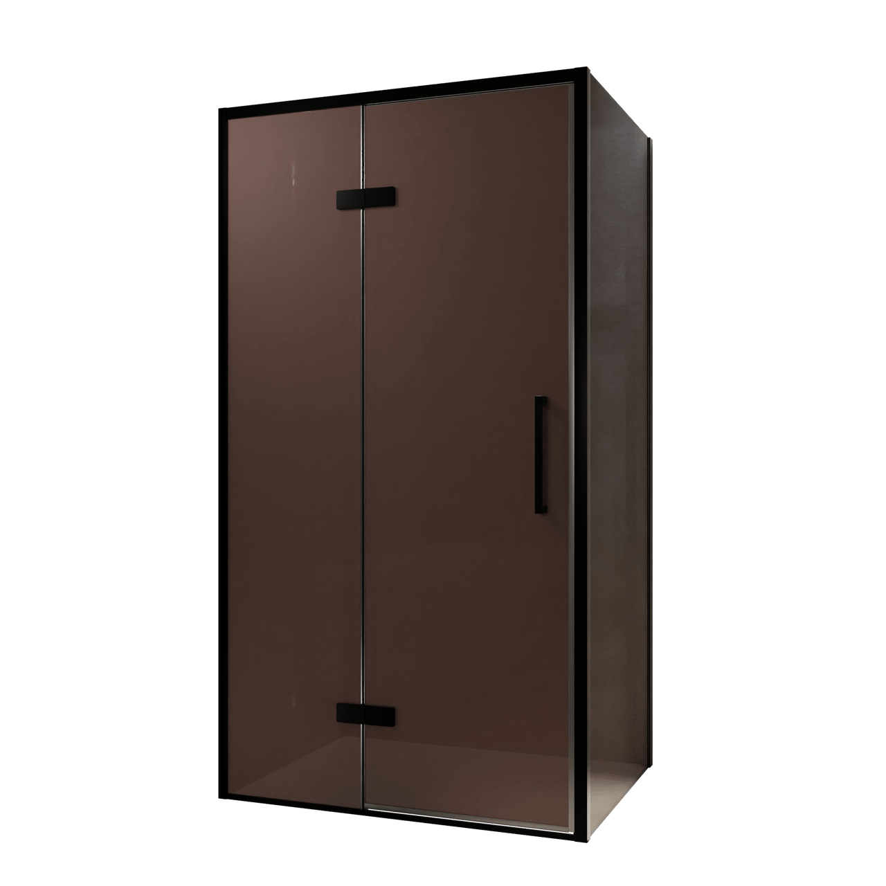 Balmani Senses Design douche en coin avec porte pivotante à gauche et paroi latérale fixe, 100 x 100 cm, Bronze, Profil noir, coating inclus