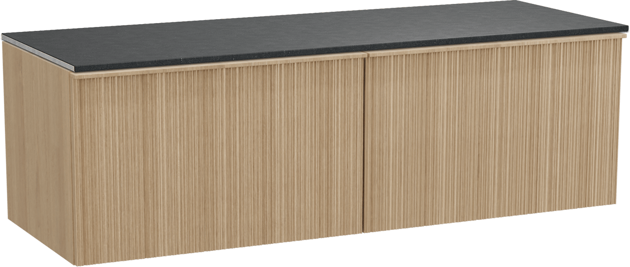 Balmani Forma zwevend badmeubel 150 x 55 cm naturel eiken met Stretto enkel of dubbel wastafelblad in zwart graniet, Verticale asymmetrische ronde ribbel