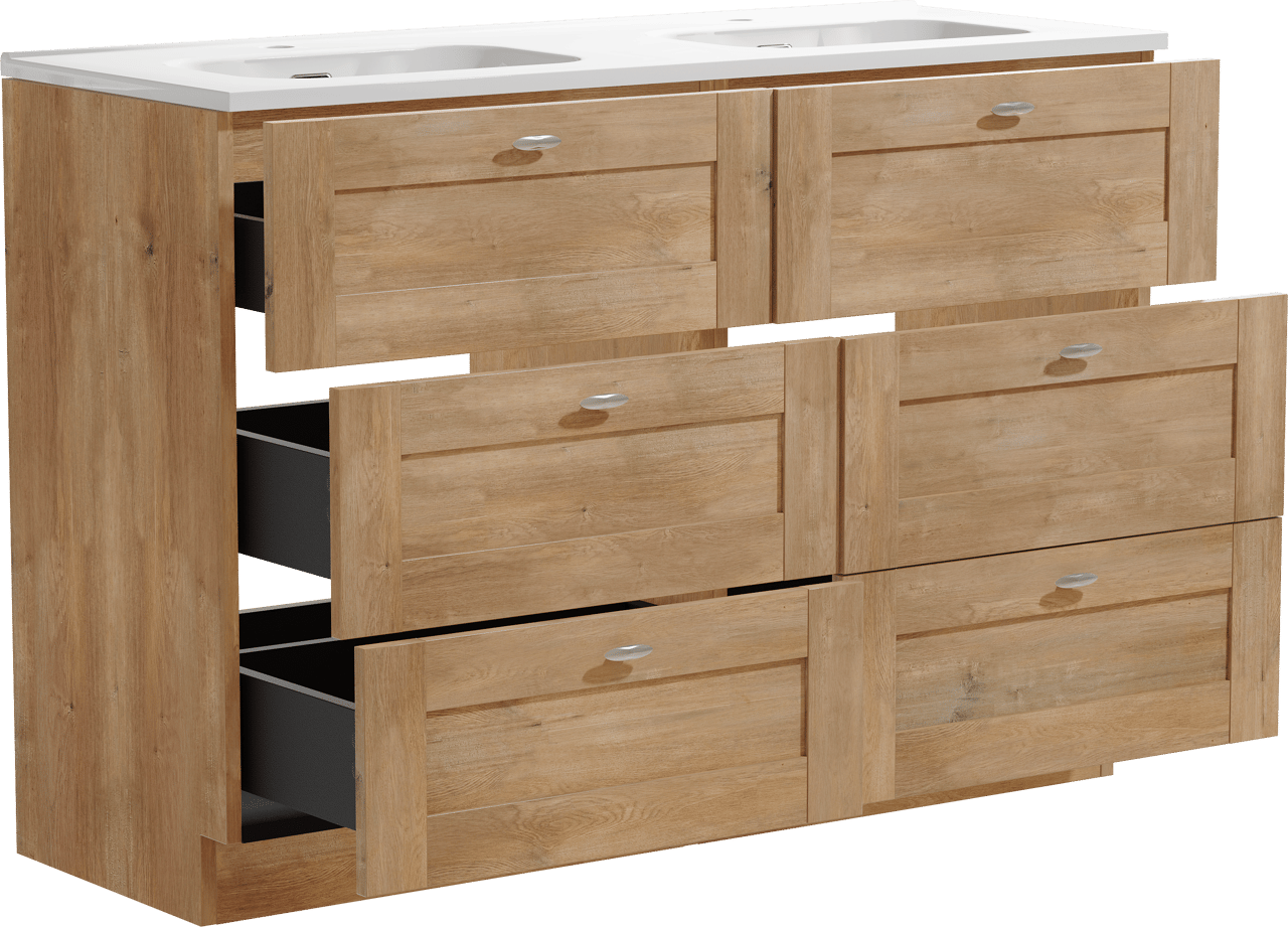 Linie Classo freistehendes Möbelstück Set: 120 x 46 cm, Naturbelassene Eiche, mit Baro Doppelwaschtisch, Porzellan Weiß glänzend
