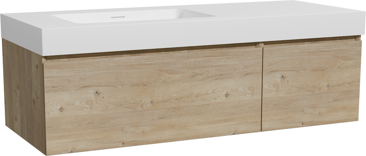 Storke Edge zwevend badkamermeubel 130 x 52 cm ruwe eik met Mata High asymmetrisch linkse wastafel in solid surface mat wit