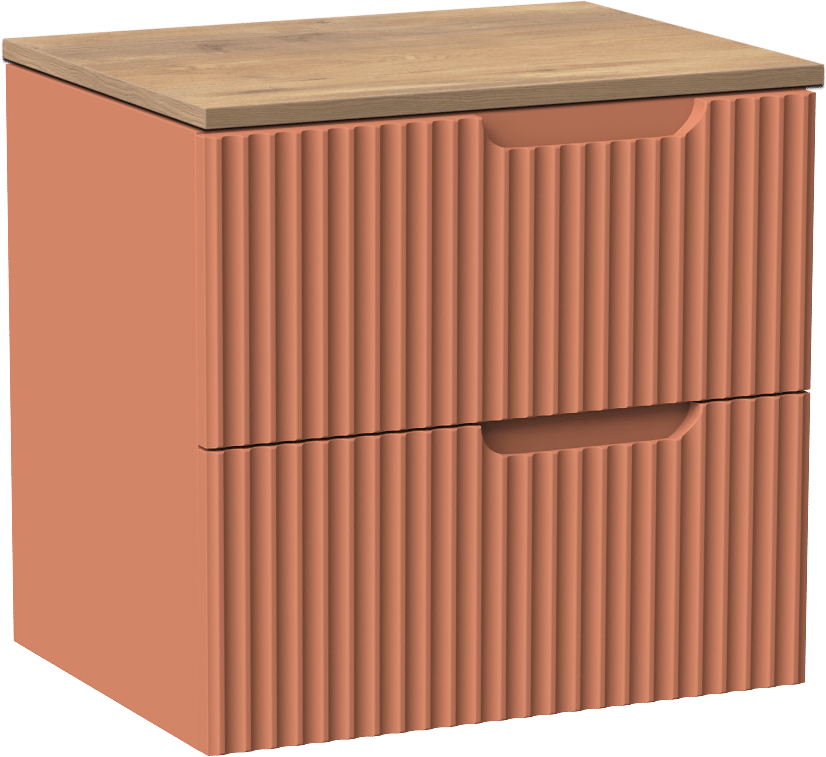 Linie Ribbo zwevend badkamermeubel 60 x 46 cm cotto met Lado enkel tablet in melamine natuur eik, Verticale symmetrische ronde ribbel