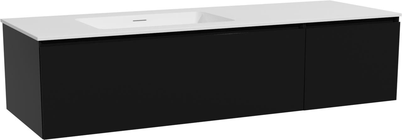 Storke Edge zwevend badkamermeubel 150 x 52 cm mat zwart met Mata asymmetrisch linkse wastafel in solid surface mat wit