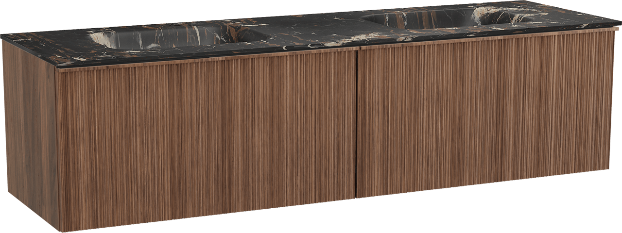 Balmani Forma zwevend badmeubel 180 x 55 cm amerikaans notenhout met Tablo Arcato dubbele wastafel in marmer portoro gold, Verticale asymmetrische ronde ribbel