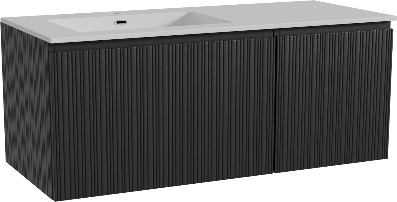 Storke Ribs zwevend badmeubel 120 x 52 cm zwart eiken met Diva asymmetrisch linkse wastafel in composietmarmer hoogglans wit, Verticale asymmetrische rechte ribbel