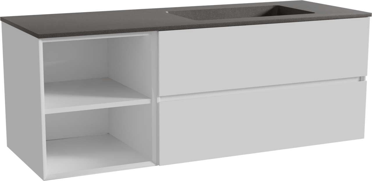 Storke Edge zwevend badmeubel 140 x 52 cm hoogglans wit met Scuro asymmetrisch rechtse wastafel in kwarts mat zwart