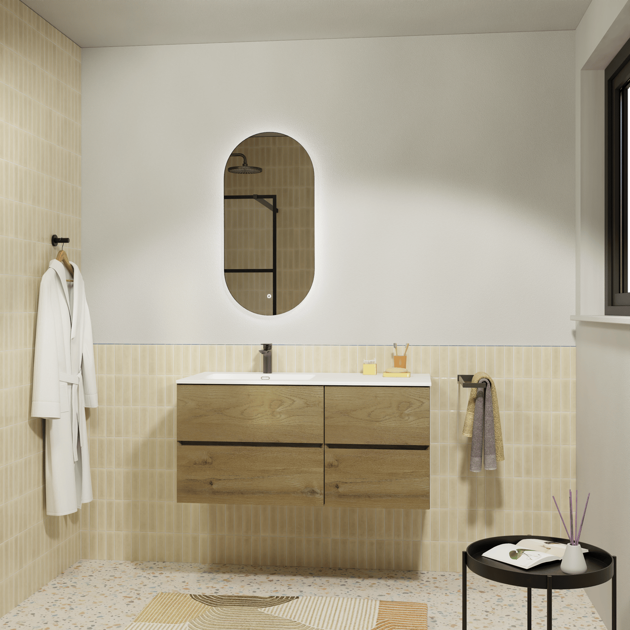 Storke Edge meuble salle de bains suspendu 110 x 52 cm chêne brut avec Diva vasque asymétrique gauche en marbre composite blanc brillant et Somma miroir