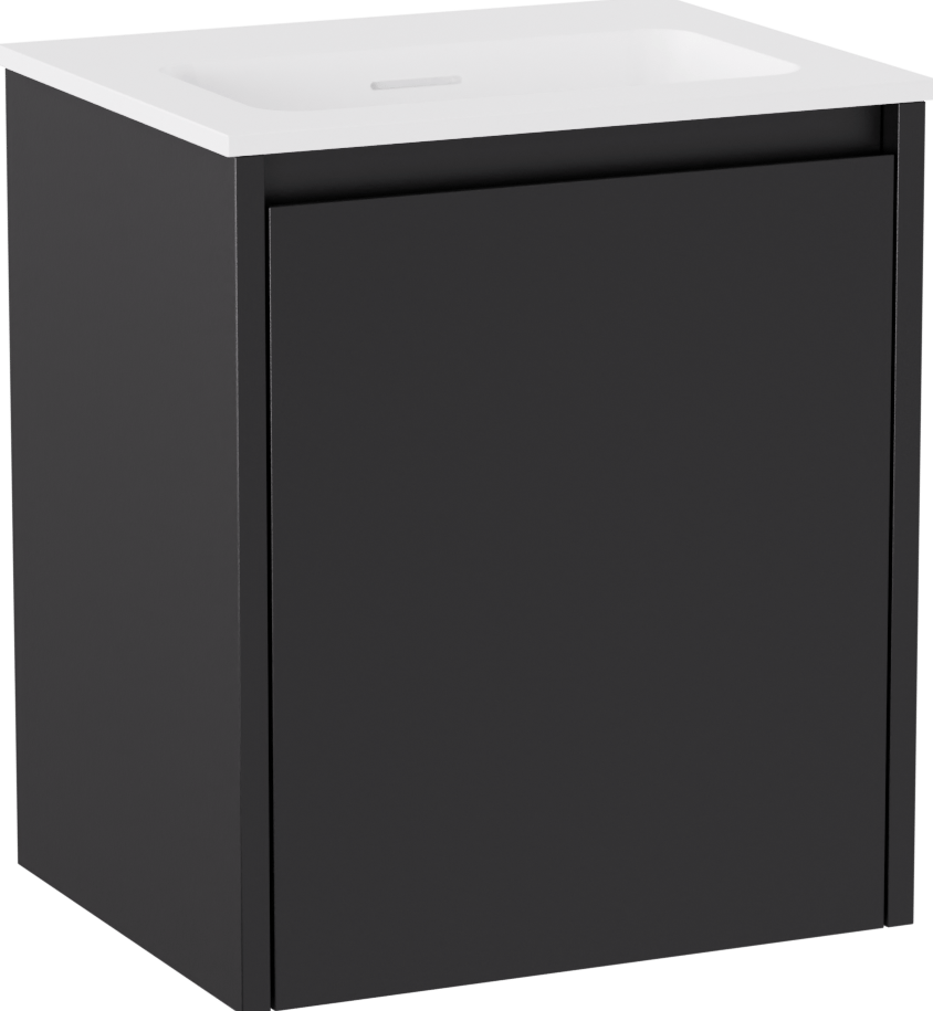 Storke Seda zwevend badkamermeubel 45 x 35 cm mat zwart met Mata enkele wastafel in Solid Surface mat wit