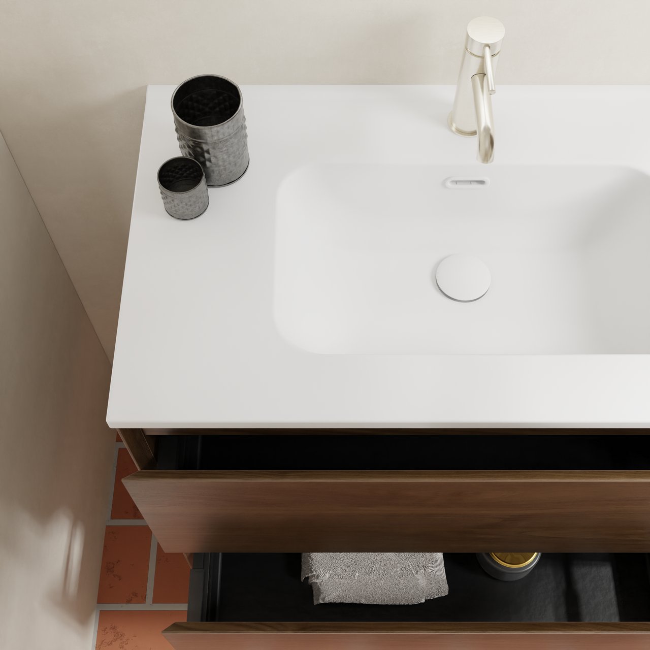 Balmani Mitra Compact meuble salle de bains suspendu 60 x 46 cm Noyer américain avec Nostra plan simple en porcelaine blanc mat