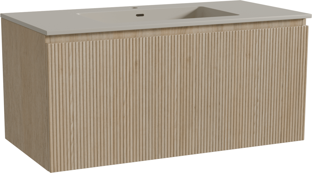 Storke Ribs zwevend badmeubel 105 x 52 cm ruw eiken met Diva enkele wastafel in top solid zijdegrijs, Verticale symmetrische rechte ribbel