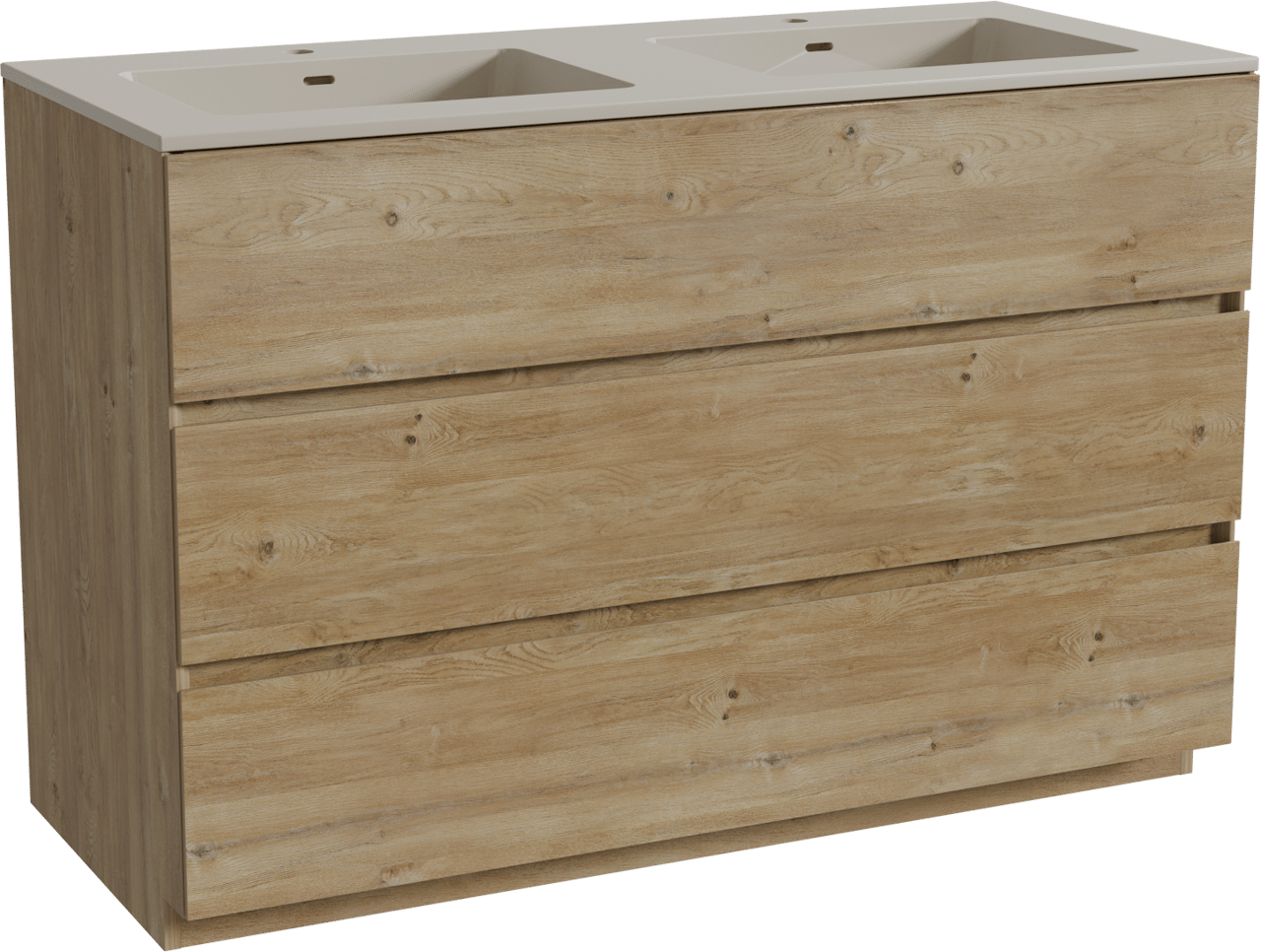 Storke Edge freistehendes Möbelstück Set: 120 x 52 cm, Rohe Eiche, mit Diva Doppelwaschtisch, Top Solid Seidengrau