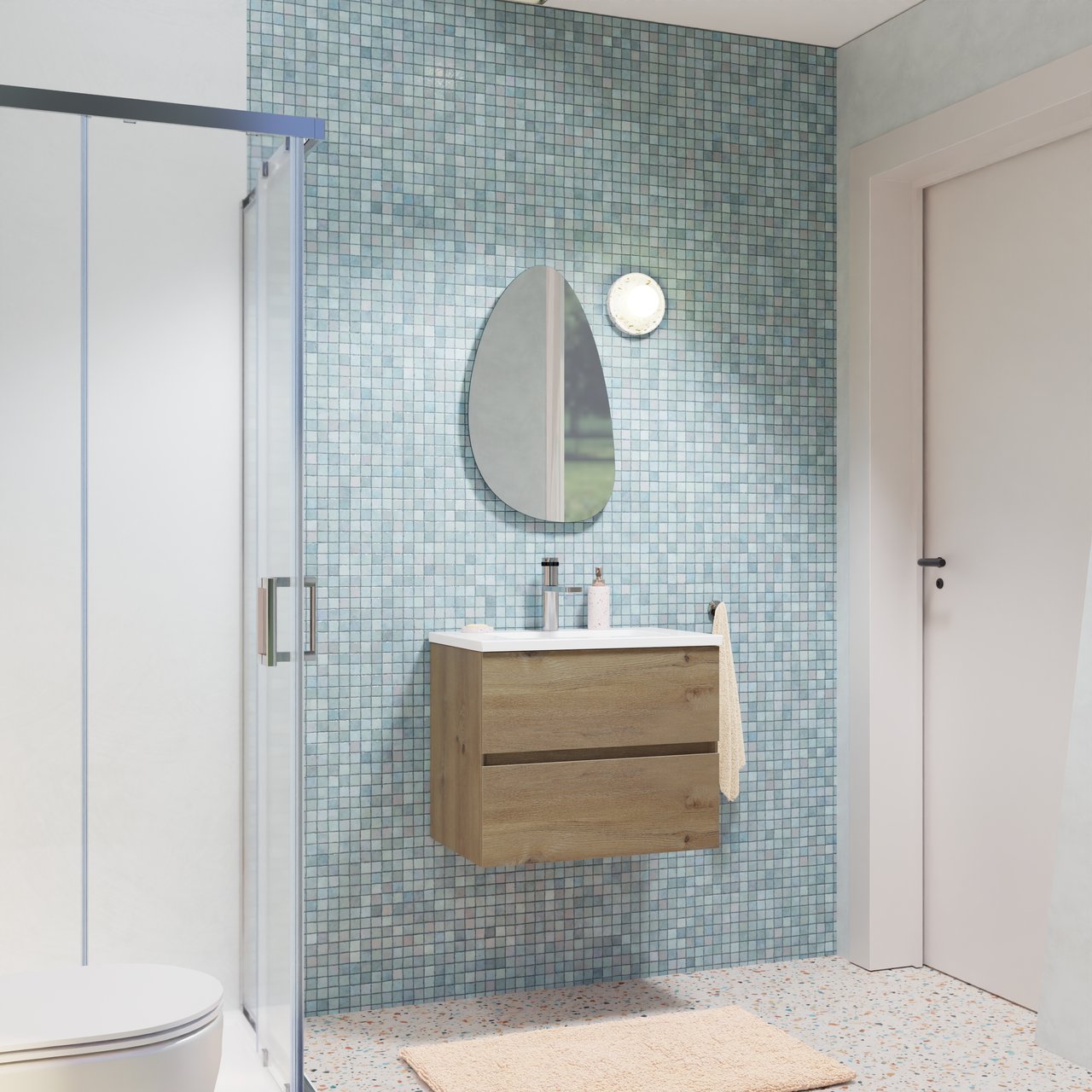 Storke Edge meuble salle de bains suspendu 60 x 40 cm chêne brut avec Diva plan simple en marbre composite blanc brillant