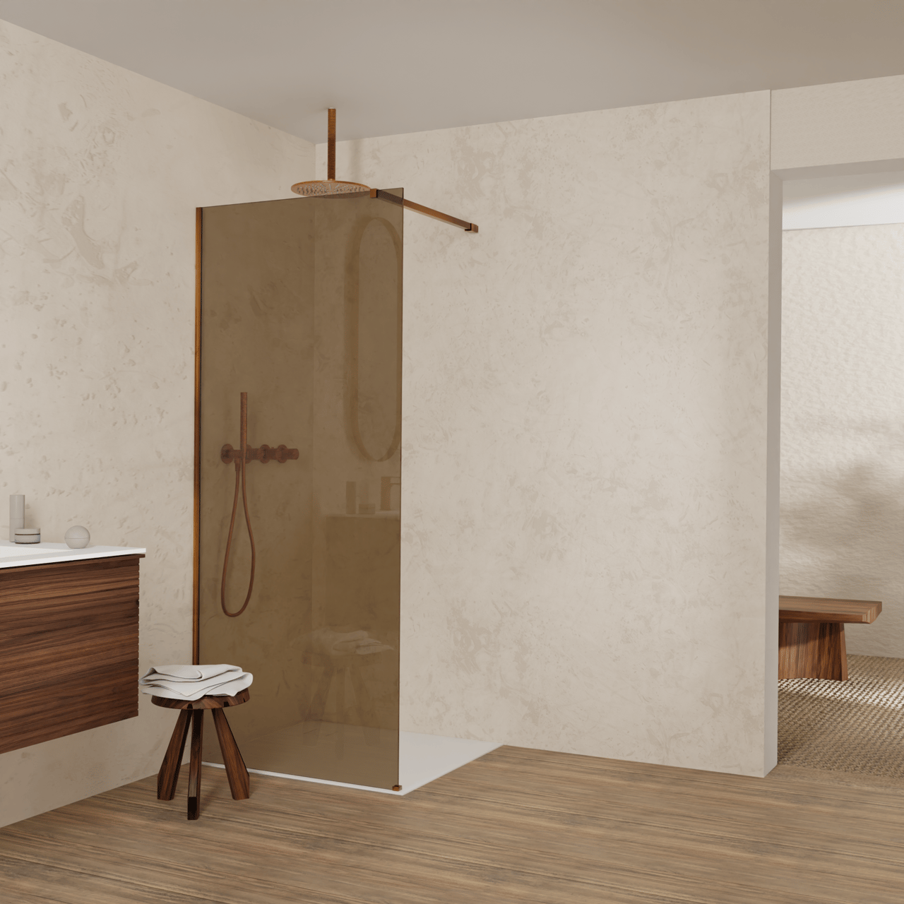 Balmani Modular Walk-In Dusche: 90 x 200 cm, Bronze Glas, Profil Brushed Rosegold
