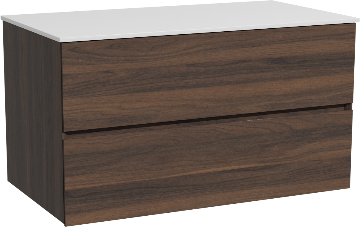 Storke Edge zwevend badkamermeubel 95 x 52 cm notelaar met Tavola enkel tablet in solid surface mat wit