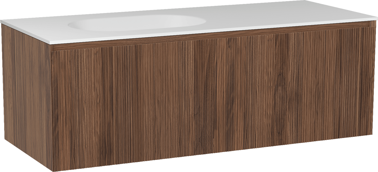 Balmani Fila by Mitra zwevend badmeubel 135 x 55 cm notenhout met Tablo Oval asymmetrisch linkse wastafel in solid surface mat wit, Verticale symmetrische rechte ribbel