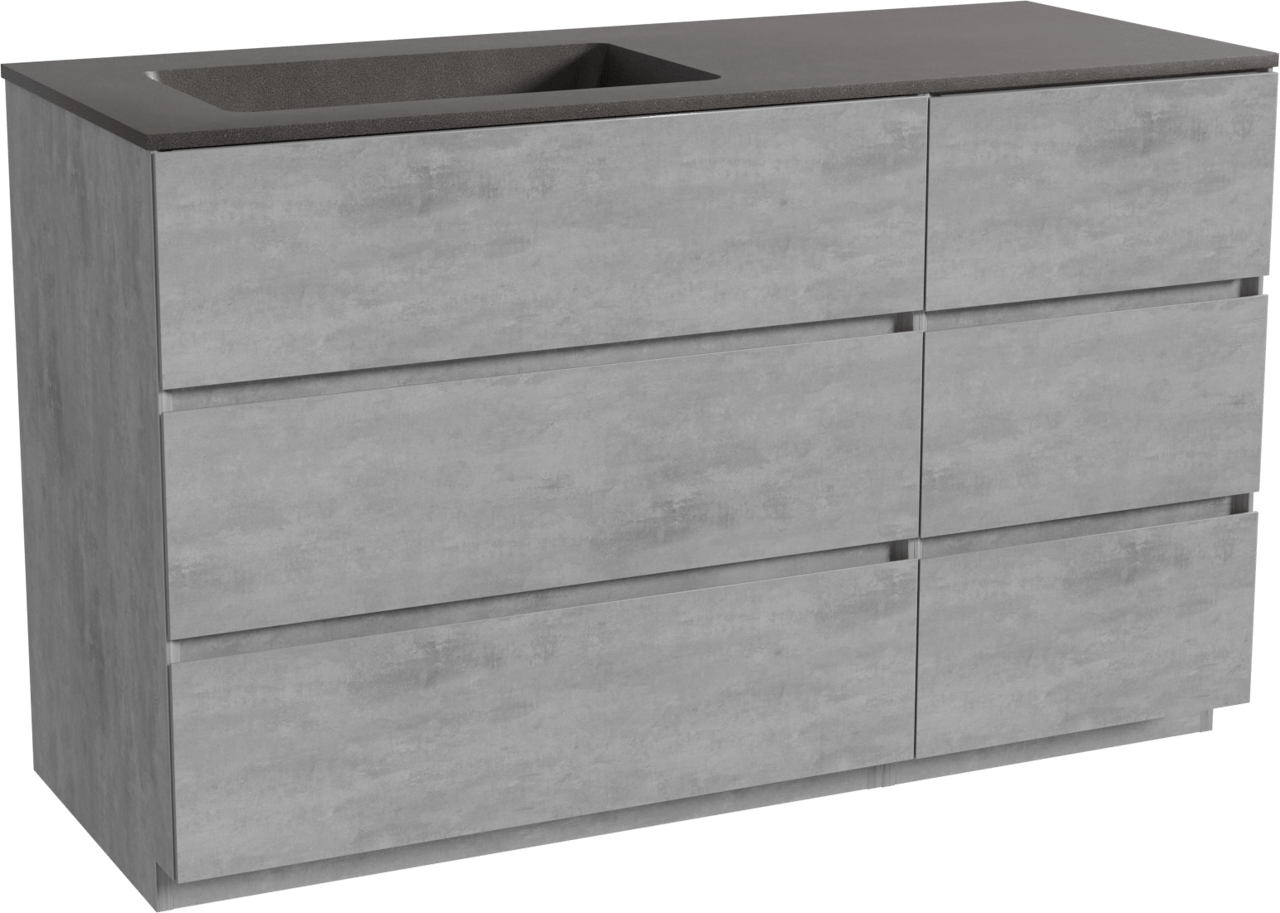 Storke Edge staand badmeubel 130 x 52 cm beton donkergrijs met Scuro asymmetrisch linkse wastafel in kwarts mat zwart