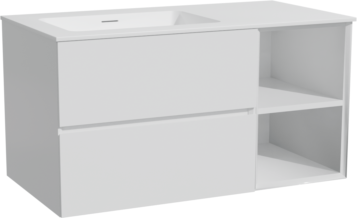Storke Edge zwevend badkamermeubel 100 x 52 cm glanzend wit met Mata asymmetrisch linkse wastafel in solid surface mat wit