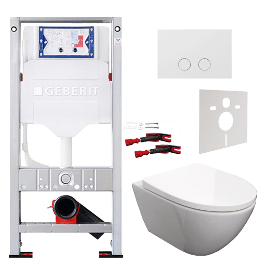 Luca Varess Moreno hangend toilet hoogglans wit randloos SilentFlush met Geberit Sigma inbouwspoelreservoir UP320 met Burda frame en bedieningspaneel