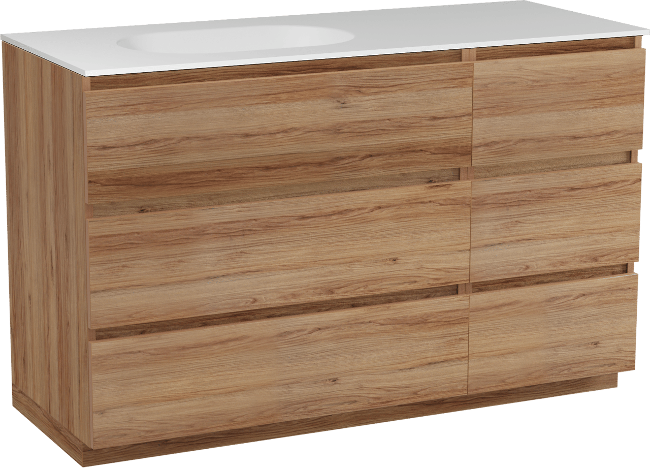 Balmani Lucida freistehendes Möbelstück Set: 135 x 55 cm, Teak, mit Tablo Oval Waschtisch links, Solid Surface Weiß matt