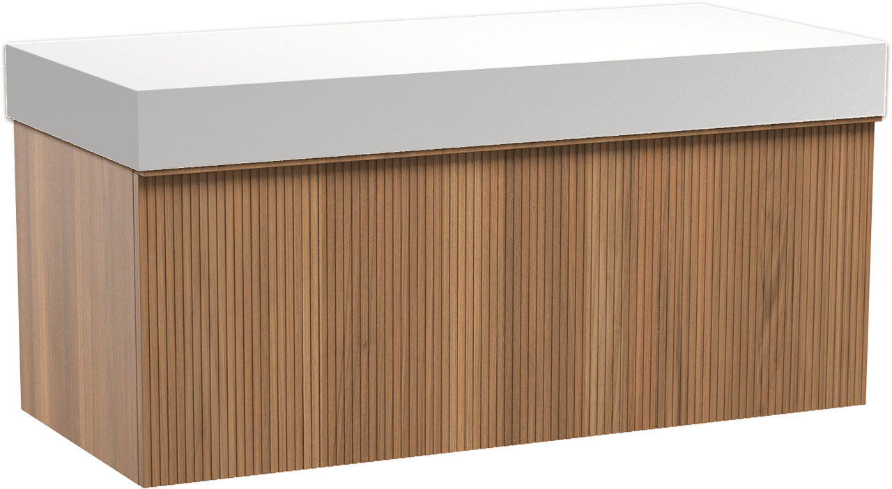 Balmani Forma hängendes Möbelstück Set: 120 x 55 cm, Teak, mit Dominus Einzel- oder Doppel Waschtischplatte, Solid Surface, Weiß matt, Vertikale symmetrische gerade Rippe