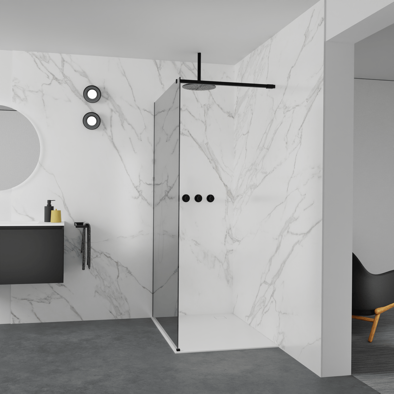 Balmani Modular Walk-In Dusche: 120 x 200 cm, Reflex-Spiegelglas, Profil Schwarz matt