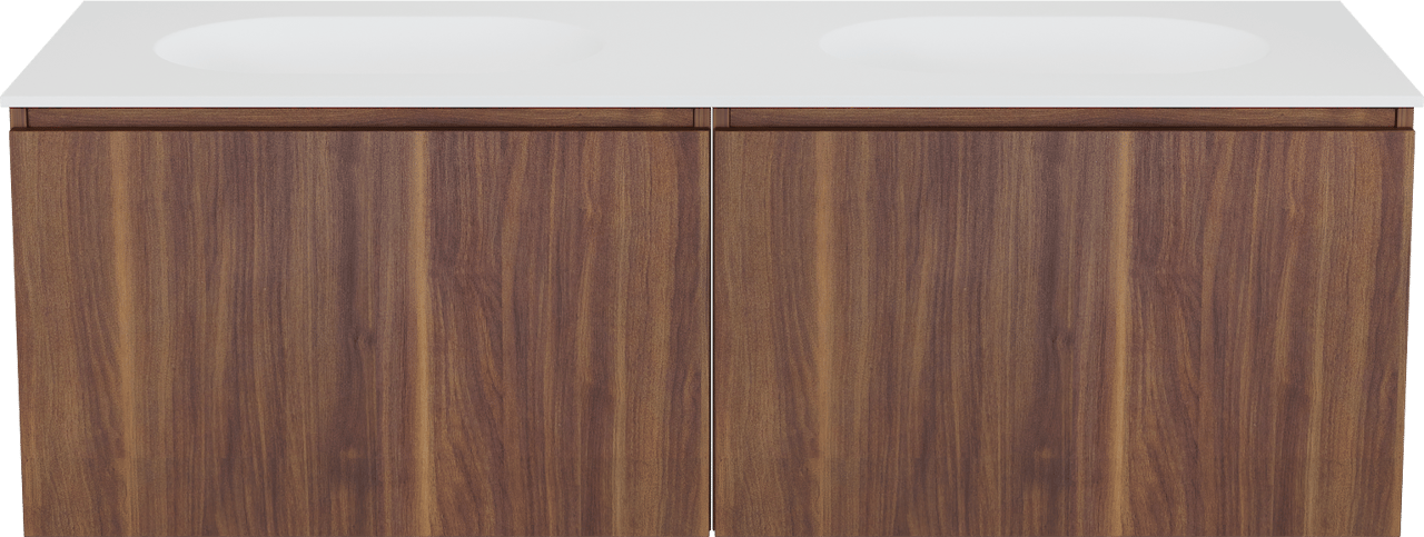 Balmani Sfera by Lucida zwevend badkamermeubel 150 x 55 cm amerikaanse notelaar met Tablo Oval dubbele wastafel in solid surface mat wit