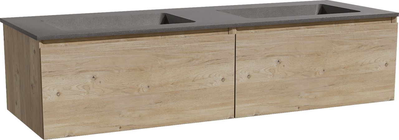Storke Edge zwevend badmeubel 150 x 52 cm ruw eiken met Scuro dubbele wastafel in kwarts mat zwart