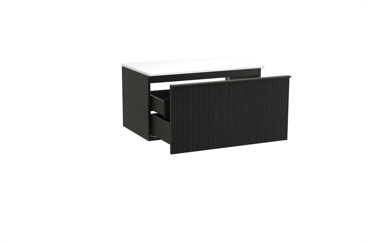 Balmani Forma zwevend badkamermeubel 90 x 55 cm zwarte eik met Stretto enkel tablet in solid surface mat wit, Verticale symmetrische rechte ribbel