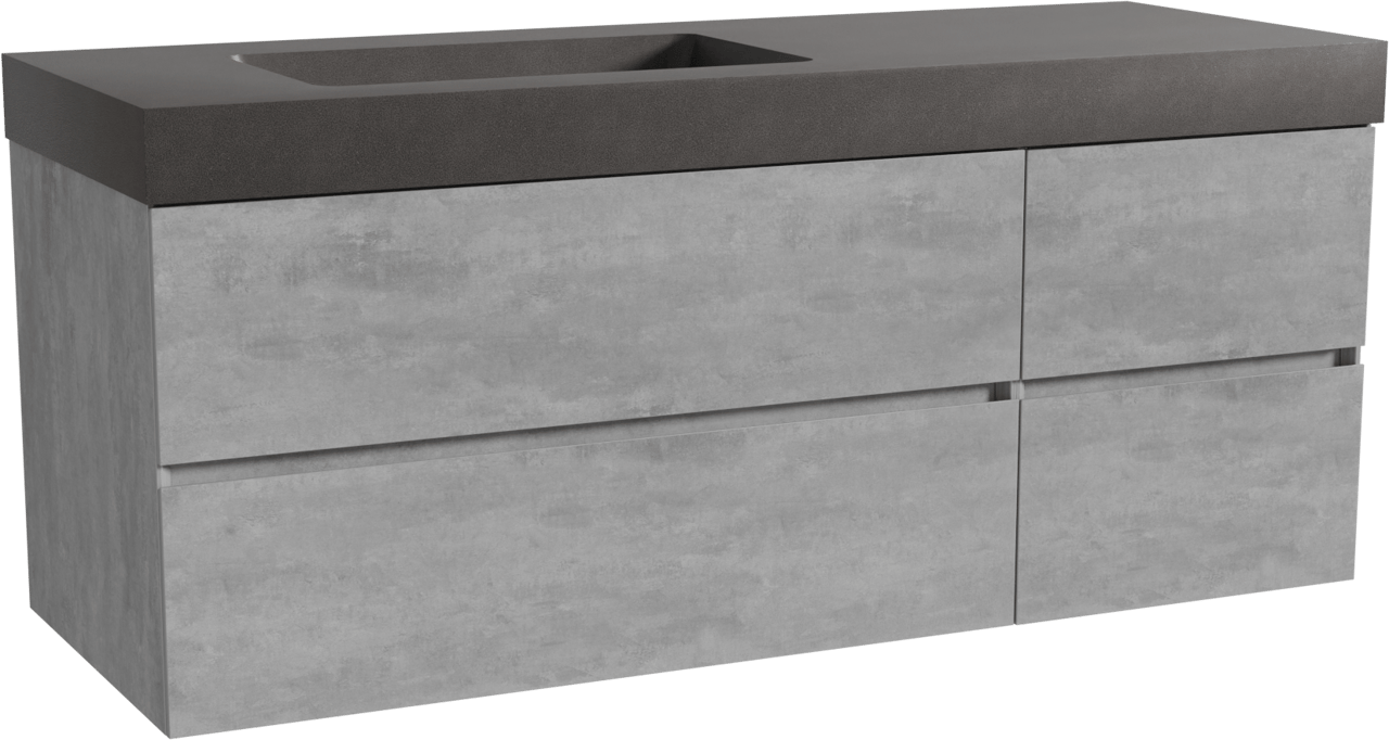 Storke Edge zwevend badkamermeubel 140 x 52 cm beton donkergrijs met Scuro High asymmetrisch linkse wastafel in kwarts mat zwart