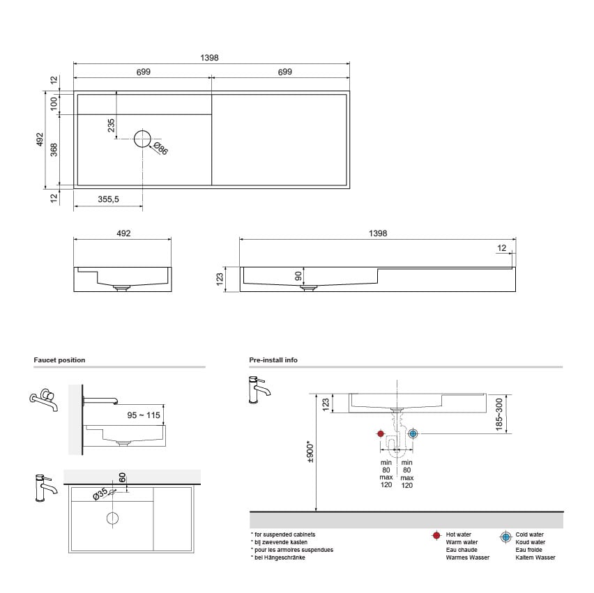 Balmani Cubo asymmetrisch linkse wastafel matte Solid Surface 140 x 49 cm
