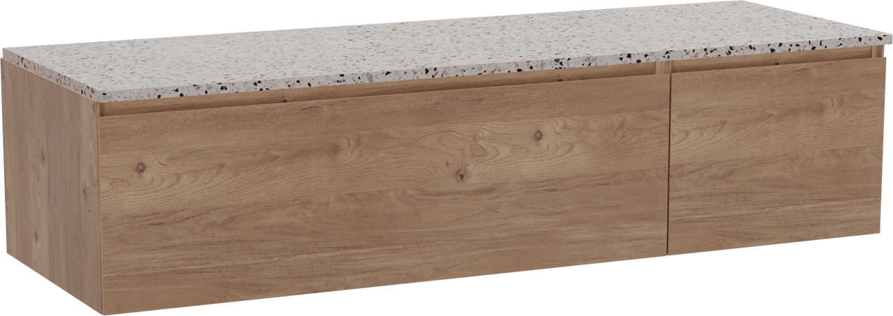 Storke Edge zwevend badmeubel 150 x 52 cm ruw eiken met Tavola enkel of dubbel wastafelblad in mat wit/zwart terrazzo