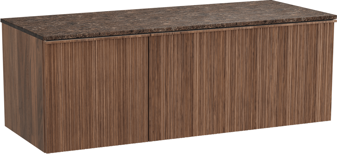 Balmani Forma zwevend badmeubel 135 x 55 cm amerikaans notenhout met Stretto enkel of dubbel wastafelblad in marmer dark emperador, Verticale asymmetrische ronde ribbel