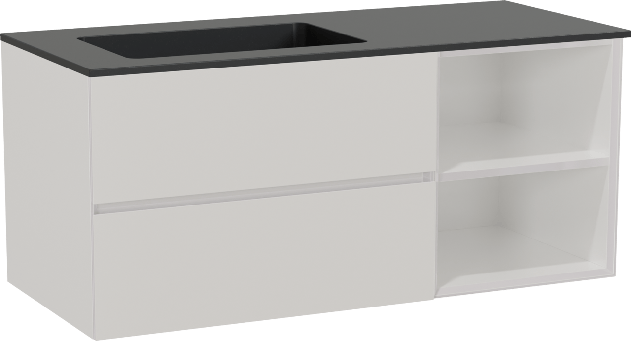Storke Edge zwevend badmeubel 120 x 52 cm hoogglans wit met Scuro asymmetrisch linkse wastafel in kwarts mat zwart