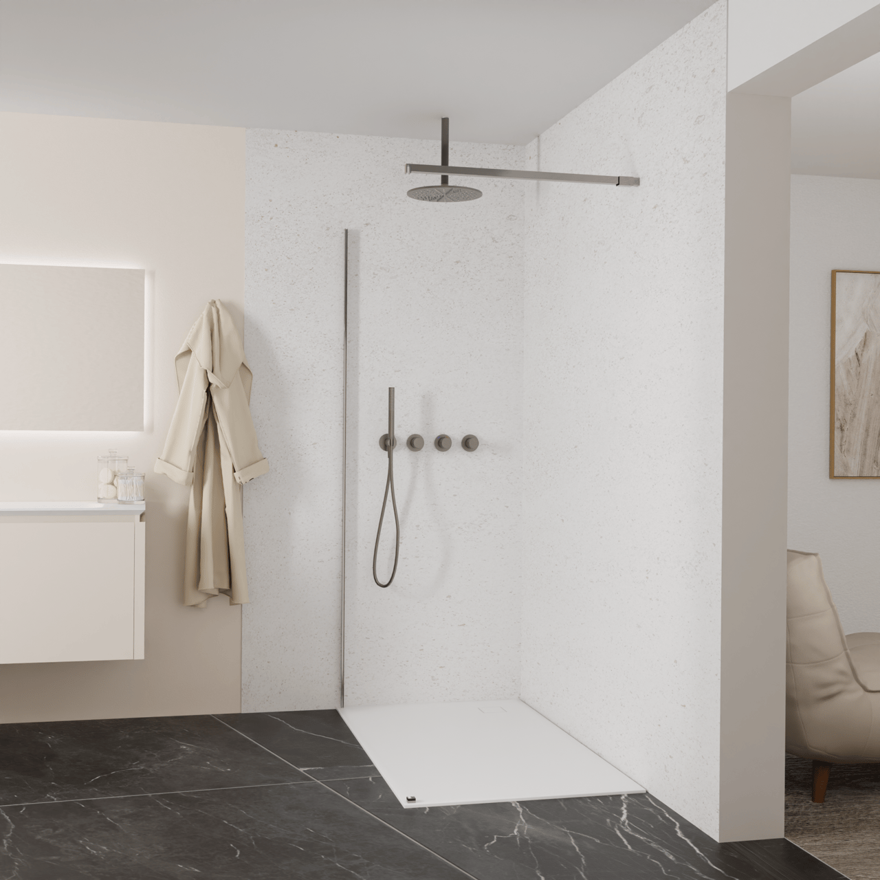 Balmani Modular douche à l'italienne: 140 x 200 cm, Verre transparent, avec coating, Profil Brushed GunMetal