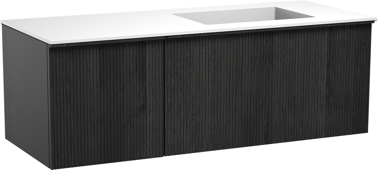 Balmani Forma zwevend badkamermeubel 135 x 55 cm zwarte eik met Tablo Stretto asymmetrisch rechtse wastafel in solid surface mat wit, Verticale symmetrische rechte ribbel