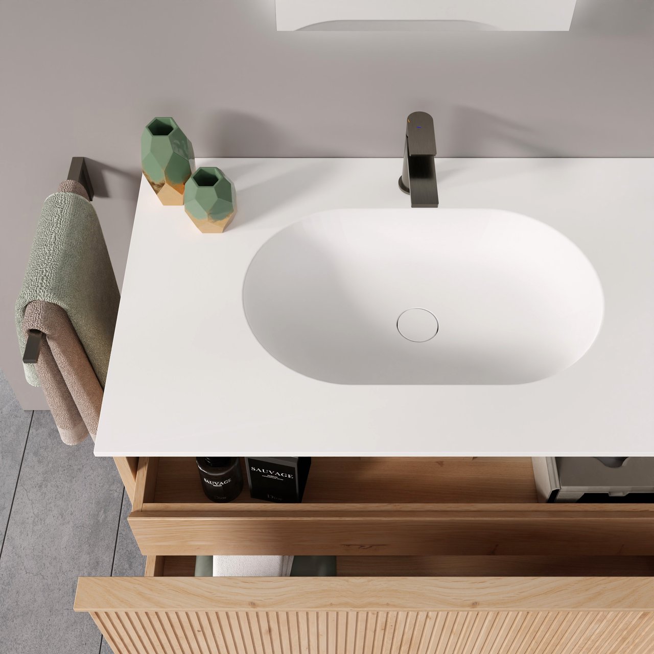 Balmani Forma zwevend badmeubel 120 x 55 cm naturel eiken met Tablo Oval enkele wastafel voor 2 kraangaten in solid surface mat wit, Verticale symmetrische rechte ribbel