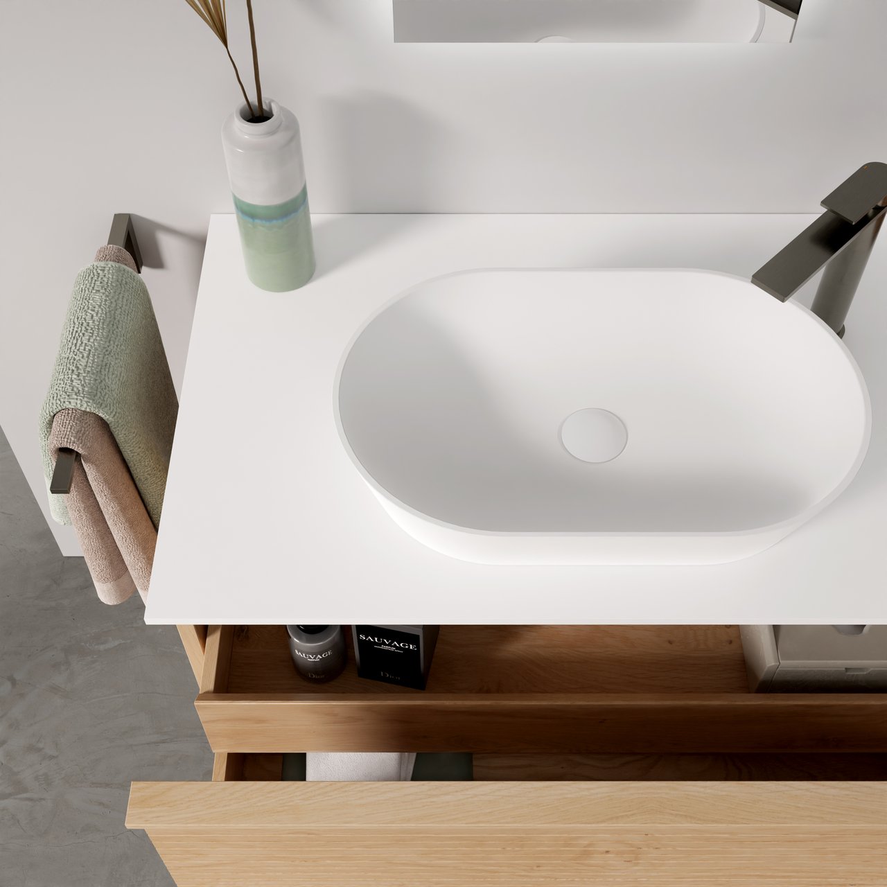 Balmani Forma zwevend badkamermeubel 90 x 55 cm natuur eik met Stretto enkel tablet in solid surface mat wit, Horizontale symmetrische rechte ribbel