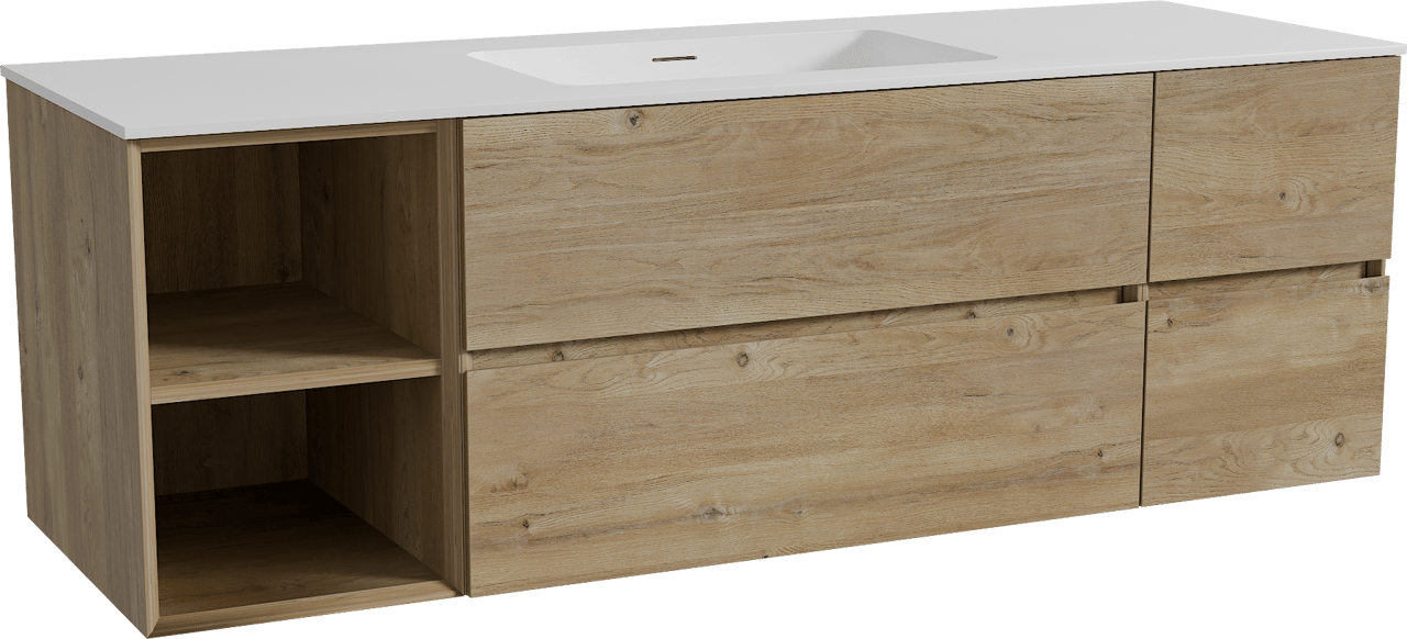 Storke Edge meuble salle de bains suspendu 155 x 52 cm chêne brut avec Mata plan simple en solid surface blanc mat