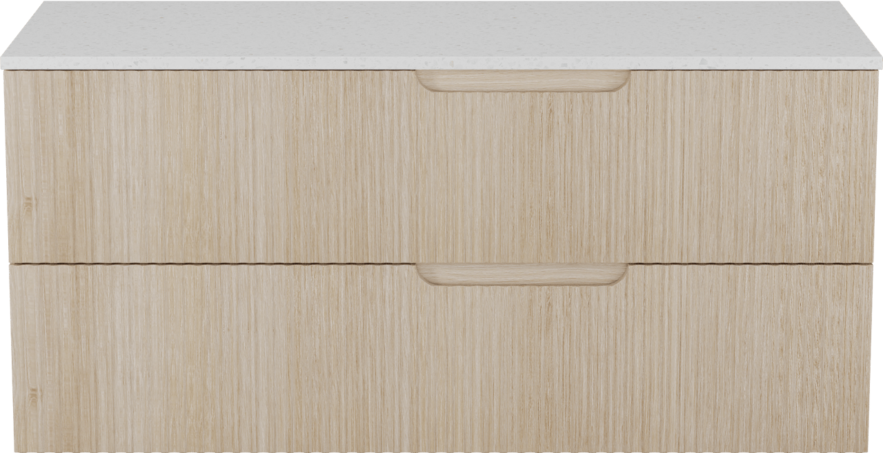 Linie Ribbo meuble salle de bains suspendu 120 x 46 cm chêne clair avec Lado tablette simple ou double en mélaminé terrazzo blanc, Nervure circulaire symétrique verticale