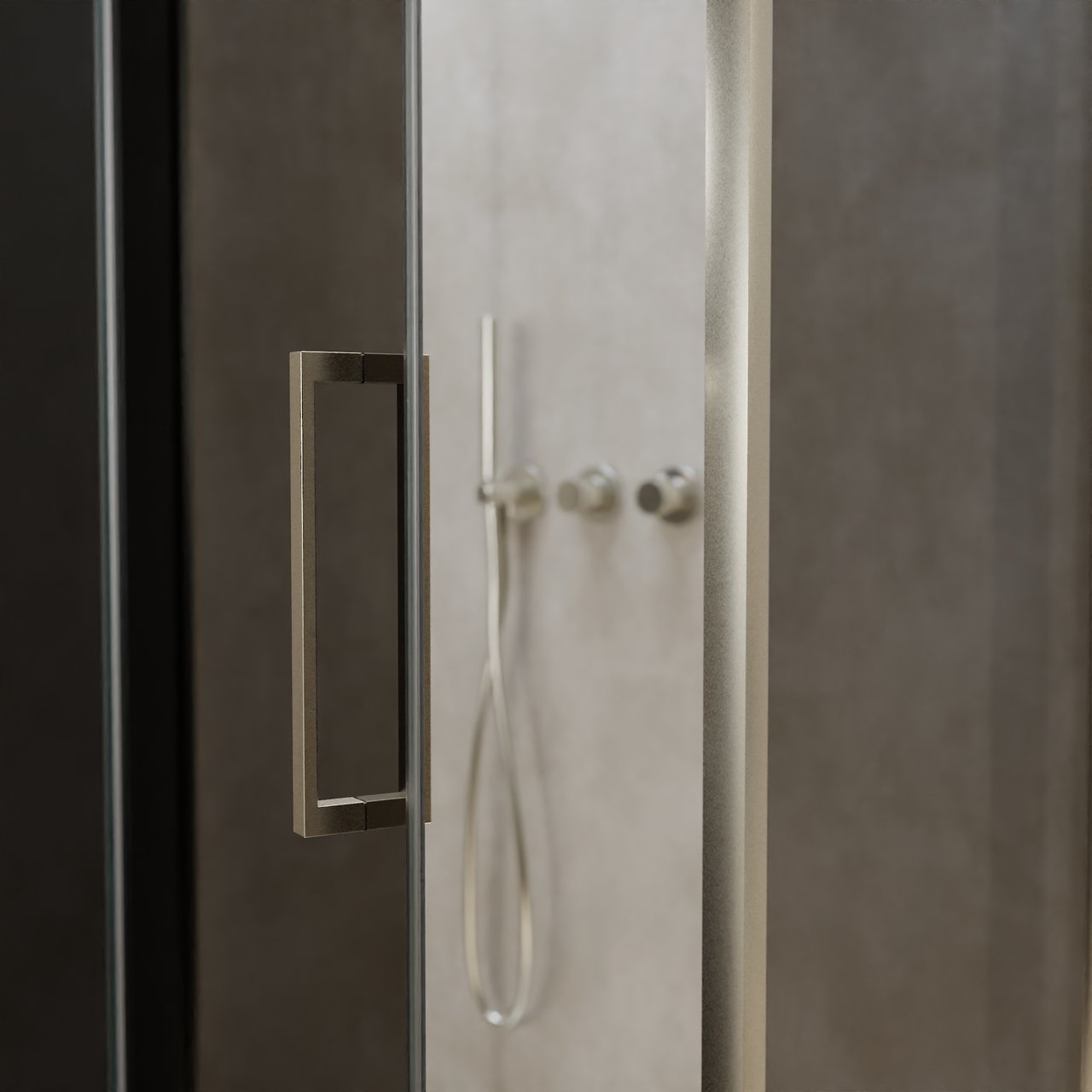 Balmani Senses Design douche en coin avec porte pivotante à gauche et paroi latérale fixe, 100 x 100 cm, Verre fumé, Profil Brushed CoolMetal, coating inclus