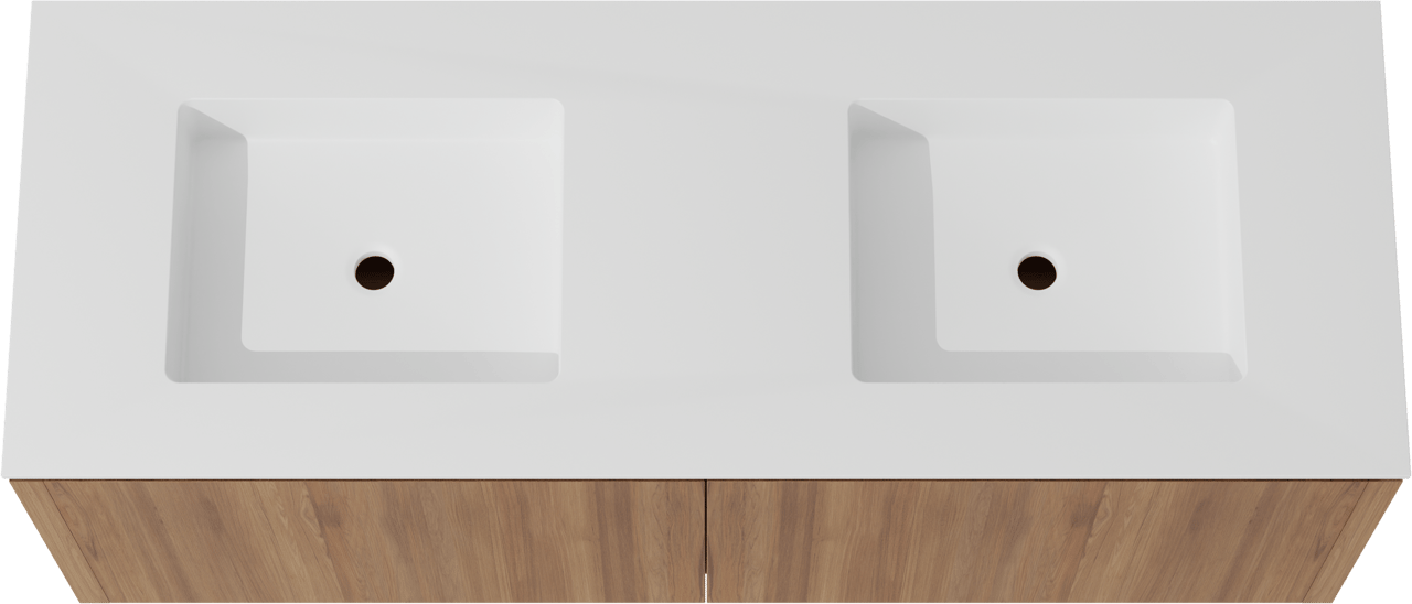 Balmani Eclips meuble salle de bains suspendu 150 x 55 cm Teck avec Tablo Stretto double vasque en Solid Surface blanc mat