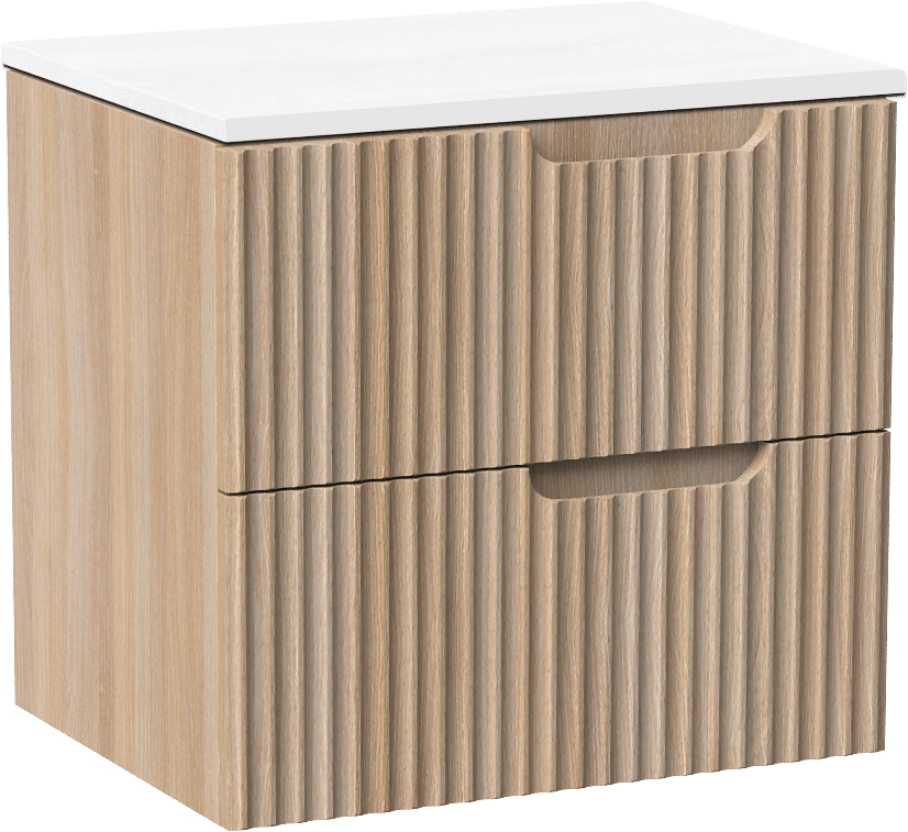 Linie Ribbo zwevend badkamermeubel 60 x 46 cm lichte eik met Lado enkel tablet in composietmarmer glanzend wit, Verticale symmetrische ronde ribbel